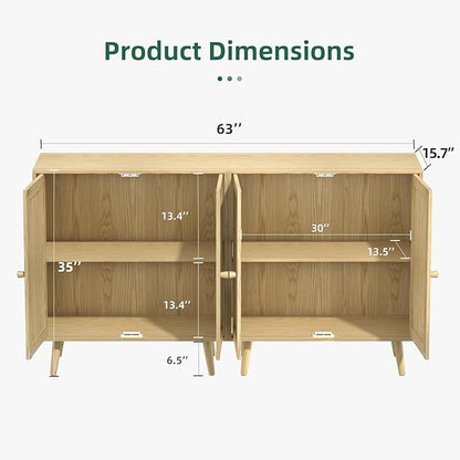 Set of 2 Rattan Sideboard Buffet Cabinets, Stylish Accent Cabinets with Adjustable Shelves & Doors, Ideal for Kitchen & Entryway Storage, Wood Oak