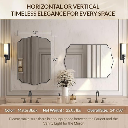Black Wall Mirror, 24x36 Scalloped Mirror for Bathroom, Anti-Rust Metal Frame Vanity Mirrors for Living Room, Bedroom, Fireplace