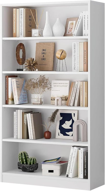 Wooden Bookshelf with Adjustable Shelves, 5 Tier Tall Bookcase for Living Room, Office or Small Spaces,Heavy Dute Bookshelves Storage Organizer, Manga Bookshelf for Collectors,60 Inch,White