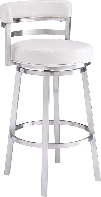 Armen Living Titana 26" Counter Height Swivel White Faux Leather and Brushed Stainless Steel Bar Stool