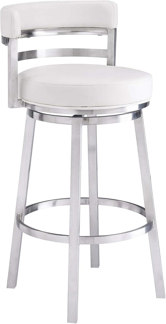 Armen Living Titana 26" Counter Height Swivel White Faux Leather and Brushed Stainless Steel Bar Stool
