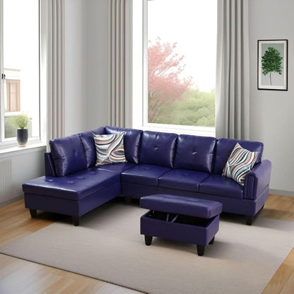 Blue L-Shaped 3-Piece Faux Leather Sofa with Storage Ottoman Set, Sectional Couch Sofa Set for Living Room, Office, Small Space