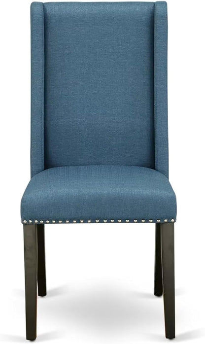 NEFL5-SBB-21-5-Piece Kitchen Dining Set Consists of a Dining Table and 4 Mineral Blue Linen Fabric Dining Chairs with Padded Chair Back - Sand Blasting Black Finish.