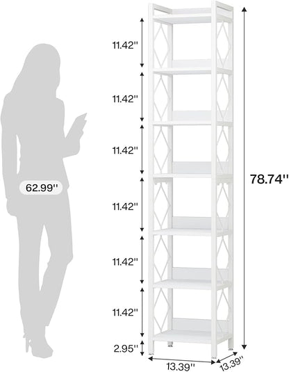 Tribesigns 78.7 Inch Extra Tall Narrow Bookshelf, 7 Tier Skinny Bookcase for Small Spaces, Freestanding Display Shelves, Multifunctional Corner Storage Organizer for Home Office, White