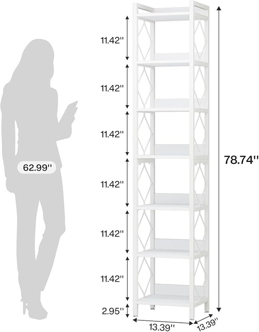 Tribesigns 78.7 Inch Extra Tall Narrow Bookshelf, 7 Tier Skinny Bookcase for Small Spaces, Freestanding Display Shelves, Multifunctional Corner Storage Organizer for Home Office, White
