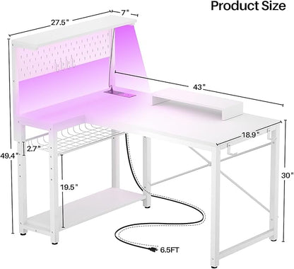 Homieasy Small Gaming Desk with Power Outlets Pegboard LED Light, 43 Inch L Shaped Computer Desk with Monitor Stand Storage Shelves, Reversible Corner Desk with Headset Hooks, White