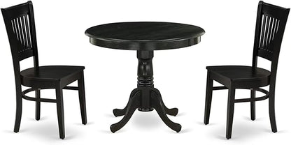 East West Furniture ANVA3-BLK-W 3 Piece Kitchen Table Set for Small Spaces Contains a Round Dining Room Table with Pedestal and 2 Dining Chairs, 36x36 Inch, Black