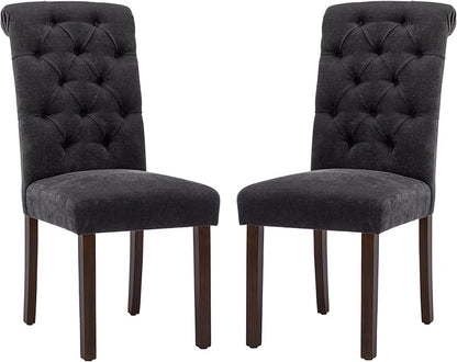 COLAMY Button Tufted Dining Chairs Set of 2, Parsons Upholstered Fabric Dining Room Chairs Kitchen Chairs with Wood Legs and Padded Seat, Black