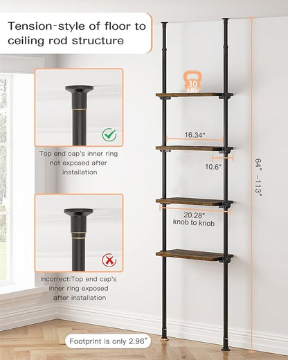 ALLZONE Adjustable Tall Narrow Bookshelf for Bedroom, 4-Tier Ladder Bookcase for Small Spaces, Tension Mount Tall Skinny Book Shelf with Open Storage, 64 to 113Inch Height