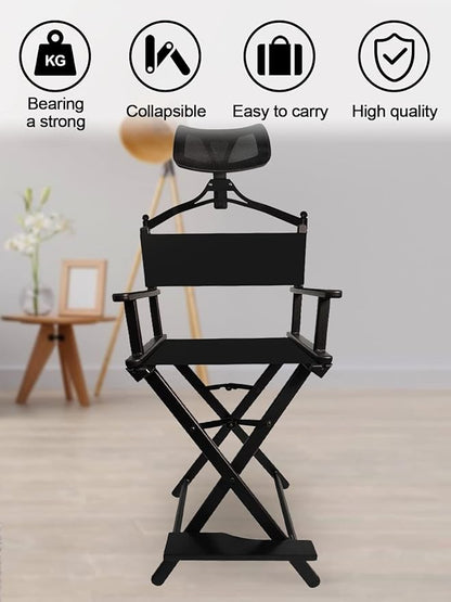 Lorvain Folable Makeup Artist Stool, Portable Tall Folding Director's Chair, Aluminum Makeup Chair with Head Rest for Studio Salon Vanity, Bar Height - Black
