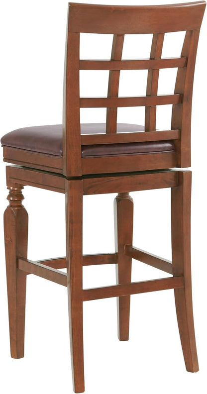 Alaterre Furniture Napa Bar Height Swivel Stool with Back – Faux Leather Upholstered Seat Barstool with Memory Return, Turned Wood Legs, Lattice Back Design, and Metal Kick Plate for Kitchen Islands