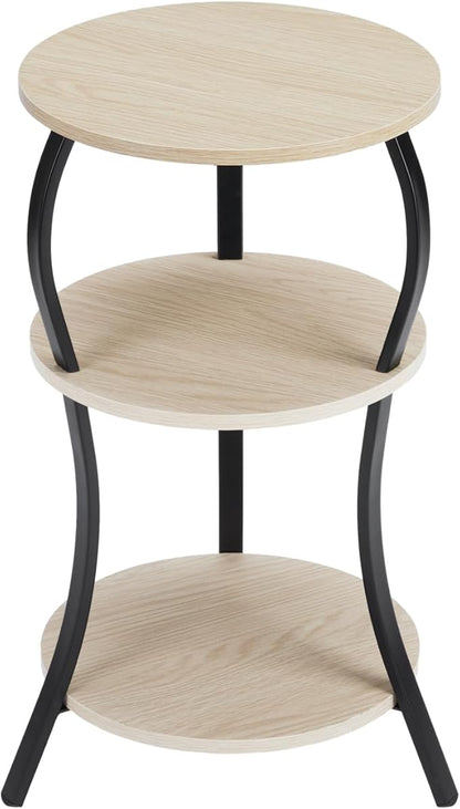 Vintage Small Round Side Table, 3-Tier Slim Waist Circular End Table with Storage Shelf, Compact Tea Sofa Side Table, Round Corner Coffee Table Nightstand for Living Room Bedroom Small Spaces,Oak