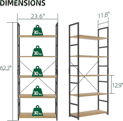 OTK 5 Tier Bookshelf, Tall Bookcase, Office Shelf Storage Organizer, Modern Book Shelf for Living Room, Bedroom, and Home Office, Natural
