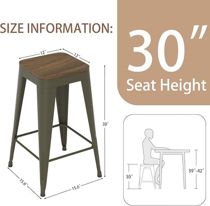 30 inch Backless Bar Stools Set of 4, Indoor Metal Bar Stools with Wood Seat, Industrial Counter Height Barstools for Kitchen Island, Rusty