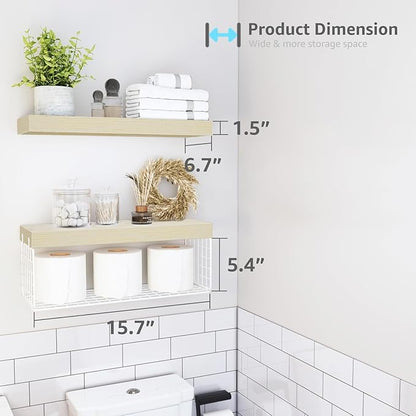 QEEIG Bathroom Shelves Over Toilet - Wall Mounted Floating Shelves Toilet Paper Storage Small Farmhouse Decor Shelf 16 inch Set of 2, Natural (019-BNW2)