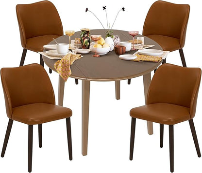 COLAMY 5-Piece Extendable Dining Table Set for 4, 36" Kitchen Round Wood Table with 4 Wooden Dining Room Chairs,Light Brown/Light Brown
