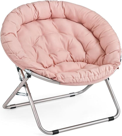 MoNiBloom Round Folding Saucer Chair for Bedroom Living Room Dorm Foldable Metal Frame Comfy Soft Lounge Lazy Cozy Moon Chair for Teens (Pink)