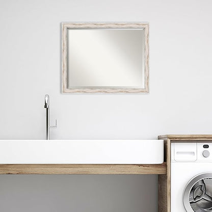 Amanti Art White Bathroom Mirror for Over Sink, 25x31 Alexandria White Wash Narrow Rectangle Vanity Mirror, Large Cottage Wood Frame, Hangs Horizonally and Vertically, Bathroom Wall Decor, Beveled