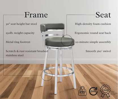 Armen Living Madrid 30" Bar Height Swivel Modern Grey Faux Leather and Brushed Stainless Steel Bar Stool for Kitchen Island Counter