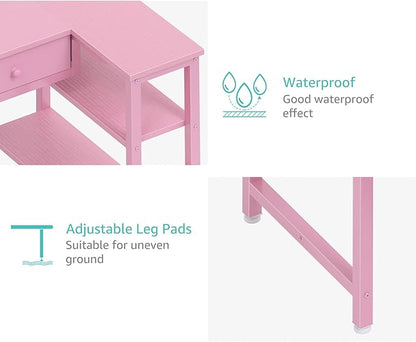 DLisiting Pink Reversible L Shaped Desk with Drawers and Shelves, Small Kids Study Vanity PC Computer Desk with Storage for Girls, Corner L-Shaped Desks for Small Space Bedroom