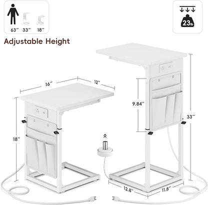 Vagusicc C Shaped End Table with Charging Station, Adjustable Height Side Table for Couch, Small Sofa Table for Small Spaces, Slide Under Sofa Table TV Tray Arm Tables for Living Room, Bedroom, White