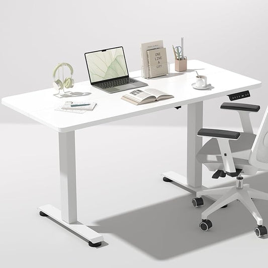 Veken 47.2 Inch Electric Standing Desk, Height Adjustable Sit Stand Up, Wood Desktop, Work Home Office Computer PC Desks, Gaming Writing Study Bedroom Rising Table, Tall Standup Workstation, White