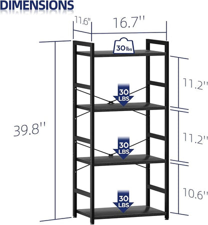 NUMENN 4 Tier Small Bookshelf, Industrial Bookcase Shelf Storage Organizer, Modern Book Shelf for Bedroom, Living Room and Home Office, Black