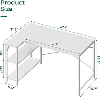 Huuger L-Shaped Desk - 47" Reversible Storage Corner Gaming Desk, Metal Frame, White