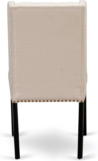 NKFO7-SBB-01-7-Piece Dining Set Consists of a Dining Table and 6 Cream Linen Fabric Kitchen Chairs & Black Legs with Button Tufted Back - Sand Blasting Black Finish.