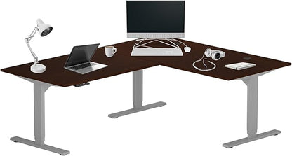 Progressive Desk Height Adjustable Computer Standing Desk - L Shaped 70" x 55" Corner Electric Stand Up Rising Workstation - Roasted Walnut, Gray Frame