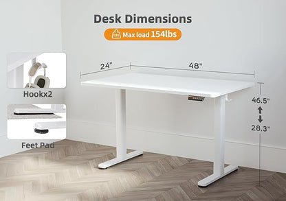 Seang Standing Desk with Adjustable Height, 48x24 Inch Electric Stand Up Desk for Home Office, Studio, Computer Workstation, White Top