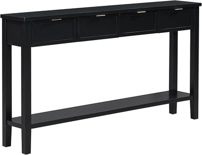 Ball & Cast 60“ Contemporary 4 Drawers Console Table, Long Narrow Entryway-Table with Drawer & Shelf, Modern Storage Sofa Tables, Farmhouse Wood Couch-Tables for Entrance Hallway Living,Black