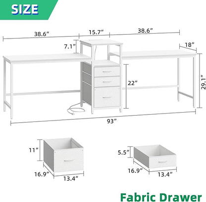 93'' Two Person Desk with Charging Station, Long Desk with 3 Drawers and Printer Shelf, Double Computer Desk, Fabric Drawers, 2 Person Writing Study Table Workstation for Home Office, White