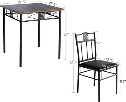VECELO 3-Piece Dining Room Wooden Kitchen Table and Pu Cushion Chair Sets for Small Space, Retro Brown