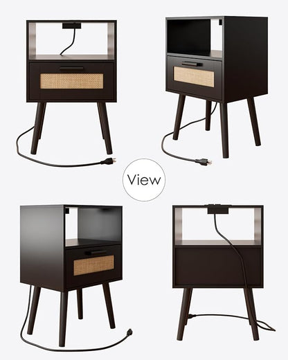 Bedroom Nightstands Wooden Night Stands with Rattan Weaving Drawer Home Bedside End Table for Bedroom Storage (Modern-Black)
