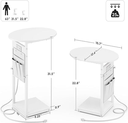 Vagusicc C Shaped End Table with Charging Station, 32" Tall Side Table for Couch and Recliner, Adjustable Height Small Couch Side Table Slide Under Sofa TV Tray Table for Living Room, Bedroom, White