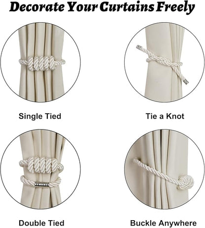 BEL AVENIR Magnetic Curtain Tiebacks, Decorative Drapery Holdbacks Modern Woven Tie-Backs with Exquisite Knot (Beige, 2 Pack)