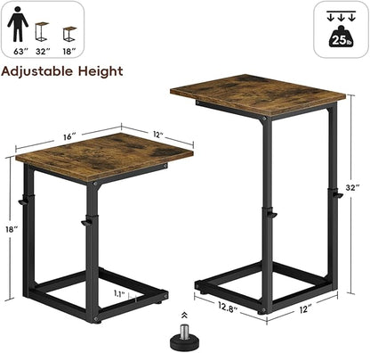 Vagusicc C Shaped End Table, 33" Tall Couch Table Adjustable Height Side Table, Sofa Table That Slide Under, C Table End Table TV Tray Coffee Arm Table for Living Room, Bedroom, Small Spaces, Brown