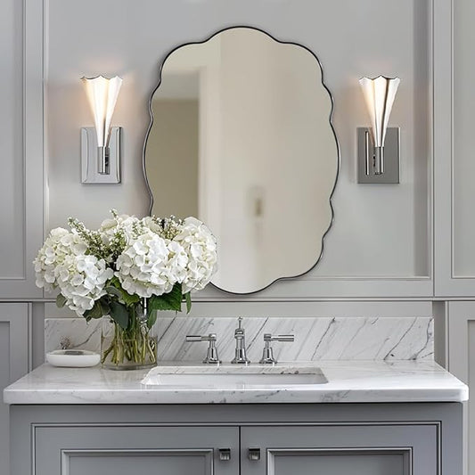 ANDY STAR Brushed Nickel Bathroom Mirror, 24x32 Inch Silver Asymmetrical Wall Mirror, Oval Bathroom Vanity Mirror, Unique Irregular Wall Mirror with Sophisticated Curved Design