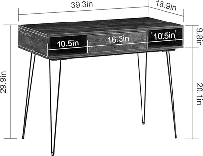 VECELO 39.3" Home Office Work Table with Drawers,Computer Desk with Hairpin Leg for Writing/Study,Classic Grey
