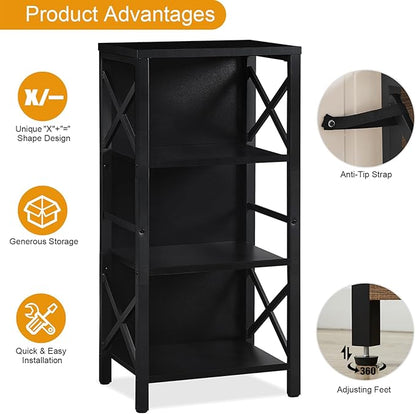 Small Bookshelf,4 Tier Industrial Bookcase with Metal Frame and Backboard,Narrow Black Book Shelf,Office Book case for Small Spaces,Living Room,Bedroom and Home Office