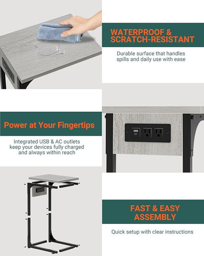 C-Shaped Side Table for Couch - Small Coffee Stand Sofa Tray Desk with Metal Frame Waterproof Scratch Resistant Wood Top and Built-in Charging Station, Greige