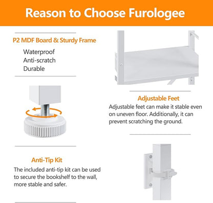 Furologee White Tall Bookshelf, Narrow Bookcase with 6 Shelves, Modern Freestanding Shelf Units, Metal and Wood Display Storage Corner Rack Organizer for Living Room, Home Office, Hallway, Bathroom