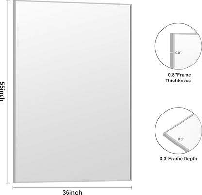 KOCUUY Large Silver Bathroom Mirror, 55x36 inch Rectangular Mirror for Bathroom Sink, Oversized Mirror with Metal Brushed Nickel Frame for Living Room, Farmhouse, Entryway, Hang Horizontal/Vertical