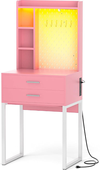 Small Vanity Desk with Hutch and Drawers, Pink Makeup Vanity Desk with Outlets, Vanity Table Dressing Table with LED Lights, Vanity Desks No Mirror with Pegboard for Girls Women, 24"