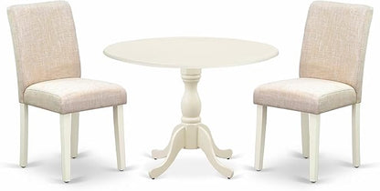 East West Furniture DMAB3-LWH-02 3 Piece Dining Table Set Contains a Round Dining Room Table with Dropleaf and 2 Light Beige Linen Fabric Upholstered Chairs, 42x42 Inch, Linen White