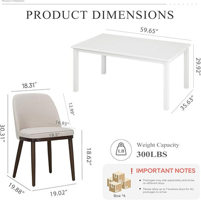 COLAMY 60 Inch Rectangular Kitchen Dining Table for 6, Modern Farmhouse Dining Table Set for 6, Wood Dining Table and Upholstered Dining Chairs for Kitchen, Dining Room, Restaurant, White/Beige