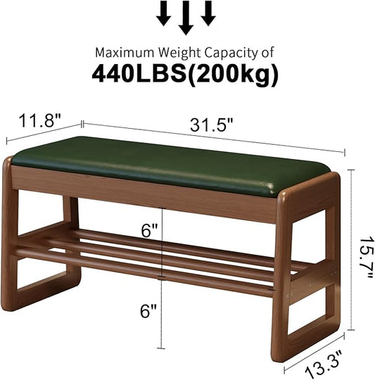 Shoe Rack Bench with Leather Cushion,2 Tiers Shoe Bench with Flip-Top Storage,Wood Shoe Rackh for Entryway,Hallway（Green,31.5"）