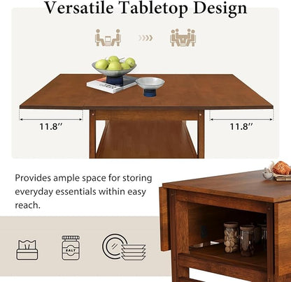 Drop Leaf Dining Table with Chairs Set of 4, 5-Piece Farmhouse Rectangular Dining Room Table with 4 Upholstered Solid Wood Chairs, Extendable Kitchen Tables for Small Place, Brown Rubber Wood