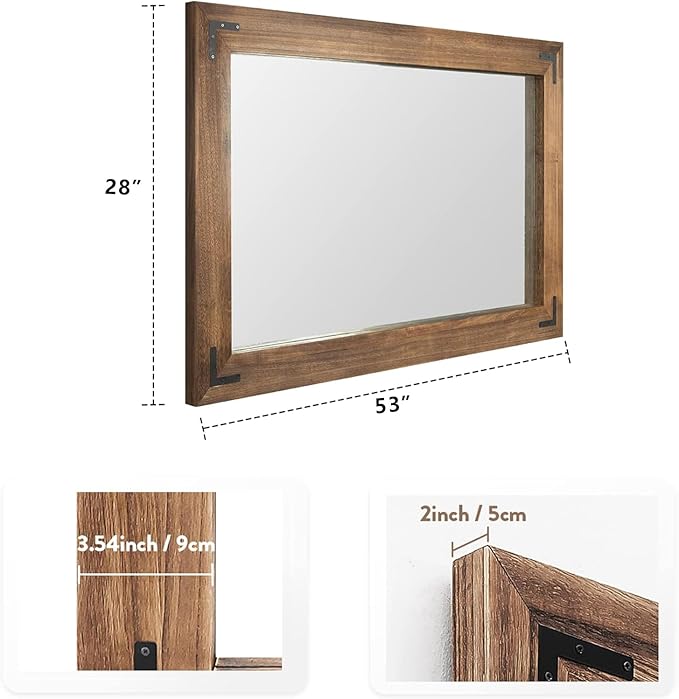 YOSHOOT Rustic Wooden Framed Wall Mirror, Natural Wood Bathroom Vanity Mirror for Farmhouse Decor, Vertical or Horizontal Hanging, 53" x 28", Brown
